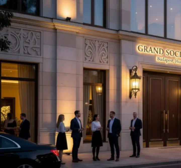 A Grand Social Hall esti megvilágításban, elegáns bejárattal és meleg hangulatú fényekkel.