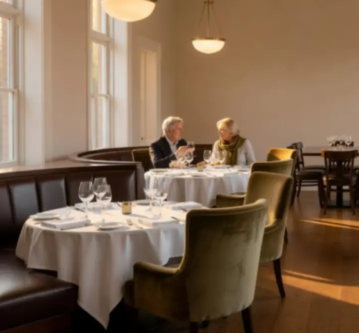 A Grand Social Hall elegáns belső tere, világos színekkel, kényelmes székekkel és meleg hangulatvilágítással.