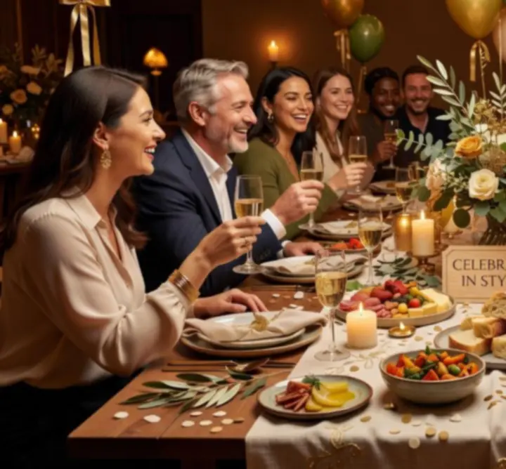 Tematikus dekorációval és hangulatfényekkel díszített ünnepi asztal